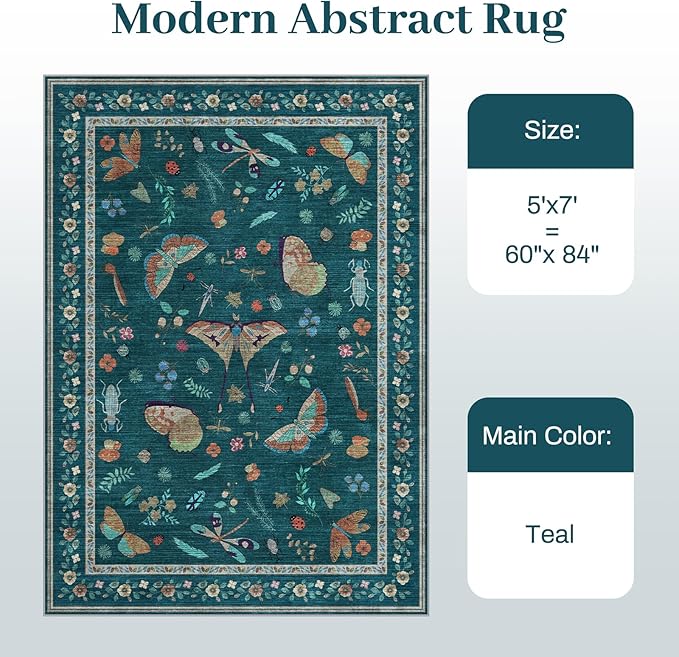 5x7 Washable Area Rug with Insect Print - Bug Rug Non-Shedding Stain Resistant Soft Carpet for Bedroom, Low Pile Ultra-Thin Machine Washable Carpet for Dining Room, Kids Nursery, Office (5'x7' Teal)