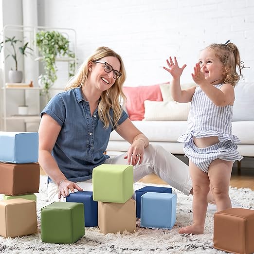 ECR4Kids SoftZone Patchwork Toddler Building Blocks, Foam Cubes, Earthtone, 12-Piece