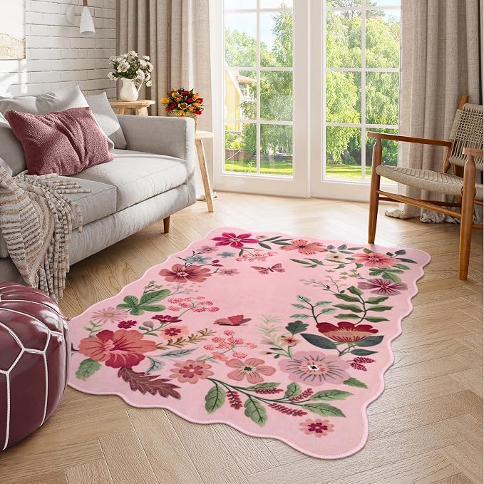 Lahome Floral Washable Rugs, 4X6 Pink Rugs