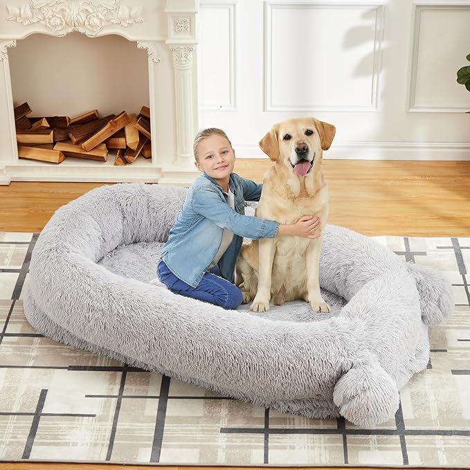 GarveeHome Human Sized Dog Bed, 71" x 45" x 12" Large Dog Bed with 2 Storage Pockets, Fluffy Faux Fur Orthopedic Pet Bean Bed for Adults & Giant Pets - Grey
