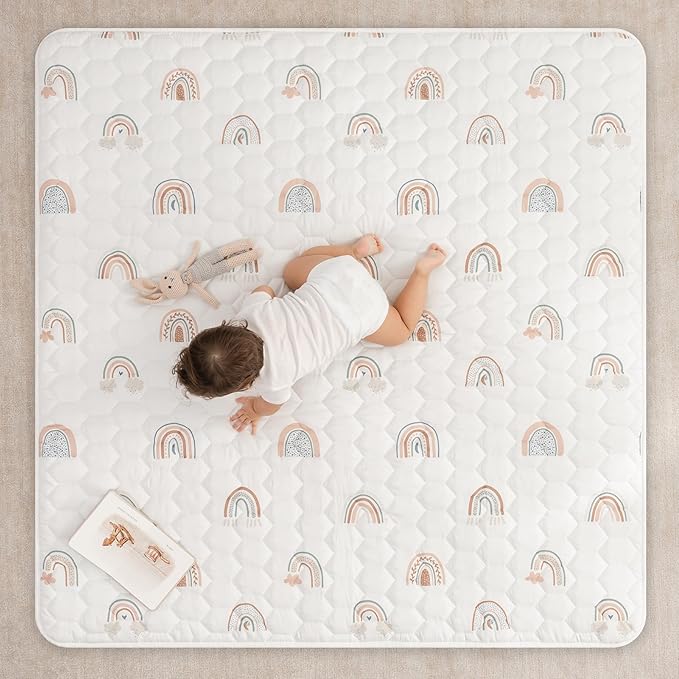 Comfy Cubs Square Kids Play Mat - 56 x 56 inches Soft Quilted Baby Floor Mat with Non-Slip Bottom - Plush Design for Toddlers' Playtime and Relaxation - Comfortable and Durable - Rainbow