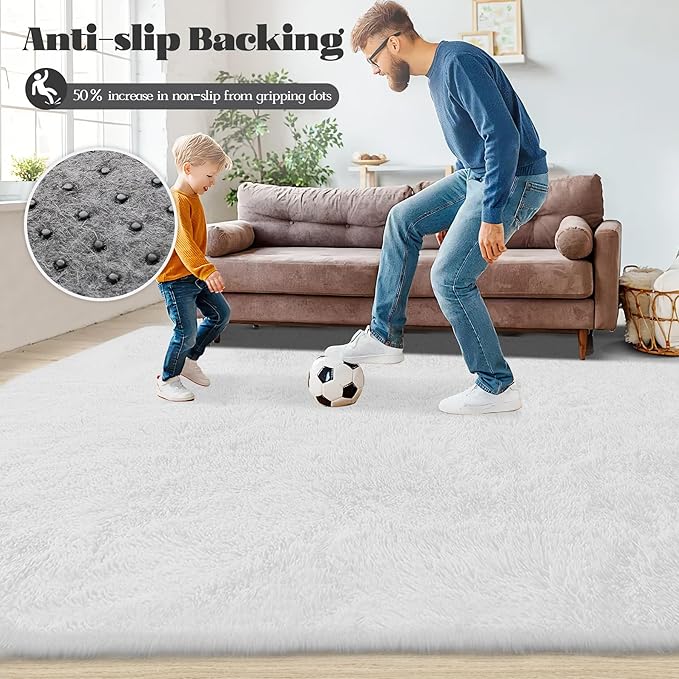 5x8 Area Rug for Living Room: Fluffy Shag Soft Washable Rugs Fuzzy Plush Indoor Carpet for Bedroom Nursery Playroom Dorm Kids Girls Boys Room (White, 5'x8')