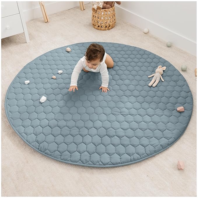 Comfy Cubs Round Kids Play Mat - Large 60 inches Soft Quilted Baby Floor Mat with Non-Slip Bottom - Plush Design for Toddlers' Playtime and Relaxation - Comfortable and Durable - Pacific Blue
