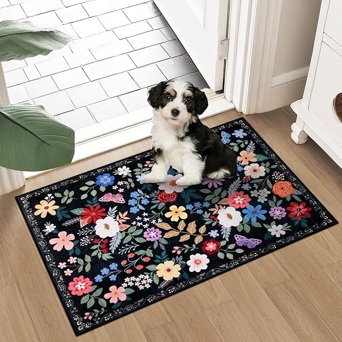 Entryway Rug 2X3 Small Rugs: Floral Washable Door Mat Vintage Soft Low Pile Non-Slip Kitchen Rugs Stain Resistant Indoor Throw Rug for Entrance, Bedroom, Kitchen, Laundry, Bathroom Black