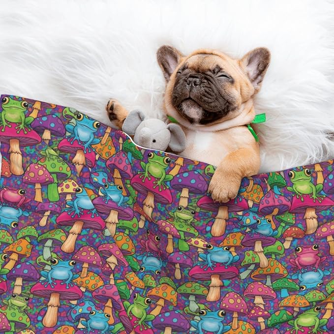 Dog and Cat Blanket in One, Watercolor Frogs Trippy Mushroom Cartoon, Double Sided Plush Throw with Raised Dot Pattern on One Side and Flat Velvet on Other for Variety