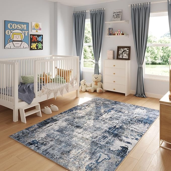 8x10 Rug Washable Boho Rug Soft Large Area Rug Non-Slip Non-Shedding Faux Wool Vintage Rug for Living Room, Farmhouse, Dining Room, Indoor, Kids Playroom, Blue
