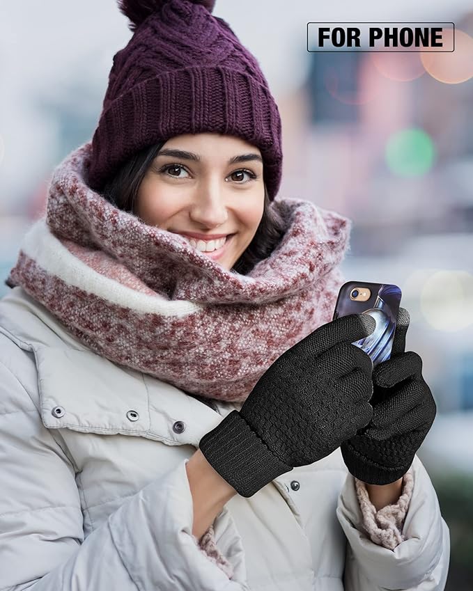 Geyoga 2 Pairs Women's Winter Touch Screen Gloves Soft Warm Fleece Lined Knit Elastic Cuff Winter Texting Gloves