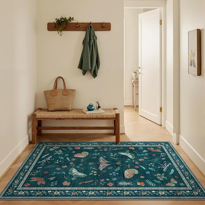3x5 Washabl Rug with Insect Print - Bug Rug Non-Shedding Stain Resistant Soft Small Carpet for Bedroom, Low Pile Ultra-Thin Machine Washable Carpet for Nursery,Entrance, Office (3'x5' Teal)