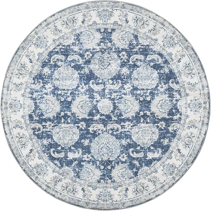 jinchan Round Rug 7ft Area Rug - Dark Blue Vintage Floor Mat Kitchen Indoor Ultra-Thin Soft Floral Print - Washable Circle 7' Retro Accent for Farmhouse Non Slip Dining Room Living Room Bedroom Office