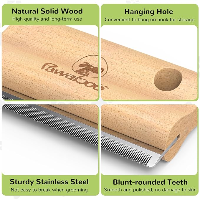 Pawaboo Deshedding Brush for Dogs & Cats, Dog Hair Removal Comb with Ergonomic Gripping, Wooden Grooming Shedding Brush for Long Hair Dogs and Cats, Hangable Pet Cleaning Comb Supplies, 5.1 Inch