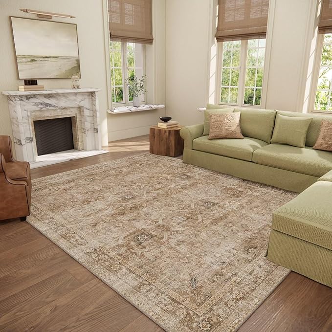 Washable 8x10 Area Rugs for Living Room, Boho Non-Slip Silicone Backing Rugs for Bedroom Dining Room Nursery Office, 0.3" Neutral Oriental Throw Carpet with 0.16" Cushioning Pad, Brown/Multi