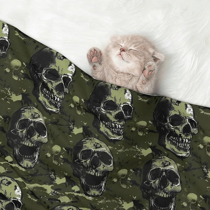 Waterproof Dog Blanket Soft Pet Blanket for Puppy Cat, Fleece Cat Throw Blankets for Furniture Bed Couch Sofa Reversible - Green Camouflage Skull 7