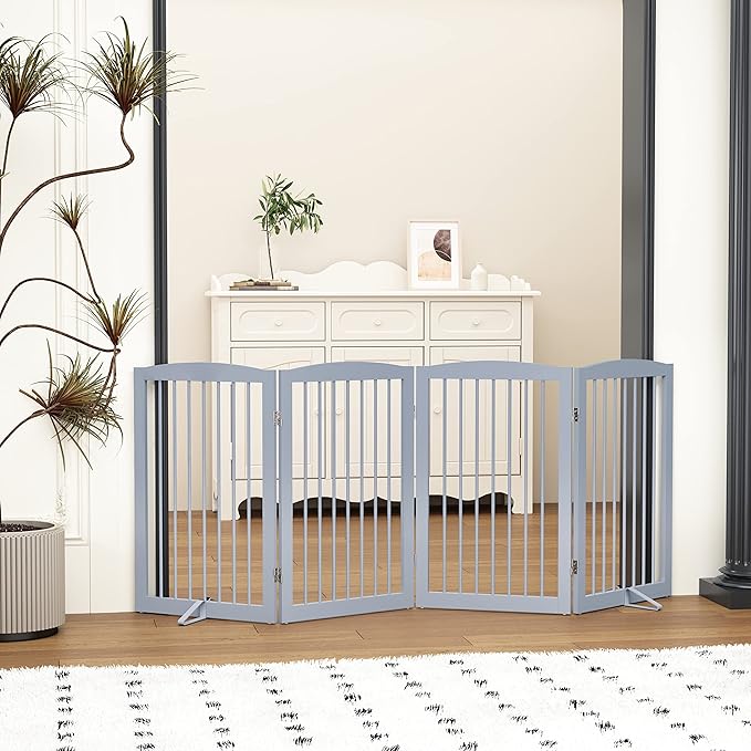 Freestanding Pet Gate for Dogs, Indoor Wooden Dog Gate for House, Foldable Dog Gate for Doorway, Stair, Gates for Dogs Indoor, 80 Inch Wide, 4 Panels 32", Grey