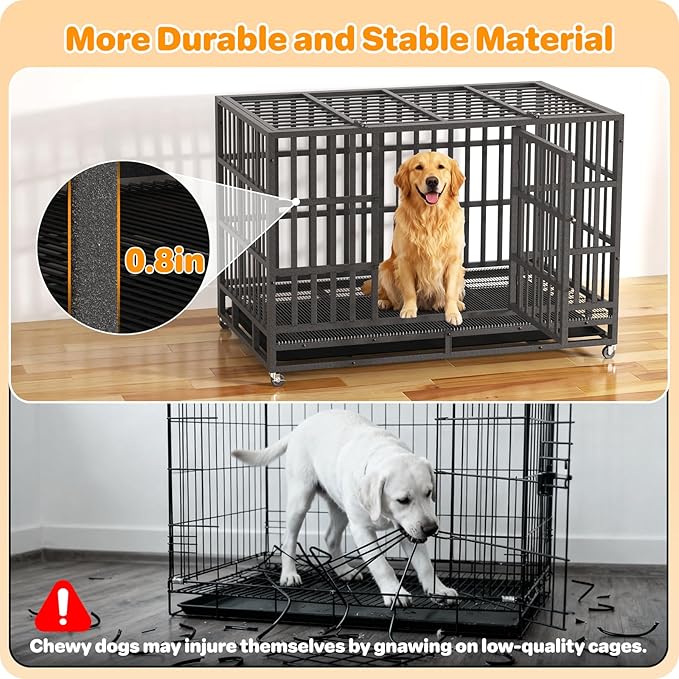 48 Inch Heavy Duty Dog Crate, Indestructible Escape-Proof Dog Kennel for High Anxiety Large Dogs, Strong Metal Pet Cage with Double Doors, Lockable Wheels & Removable Tray, XL XXL XXXL