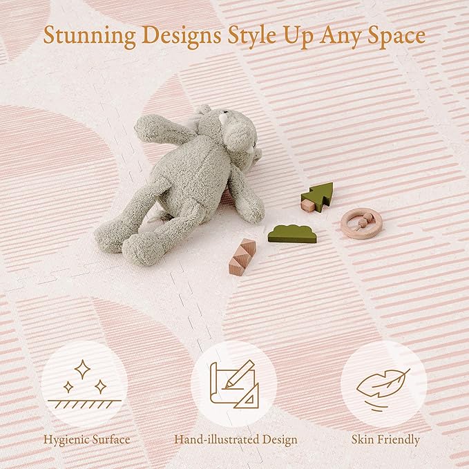 PopsyKosy Premium Exercise & Baby Foam Play Mats - Stylish & Large Non-Toxic Odorless Floor Mat - 6 Tiles - Spacious 6ft x 4ft - Peel-Resistant Reinforced - Soft Thick, Waterproof - Cream Pink