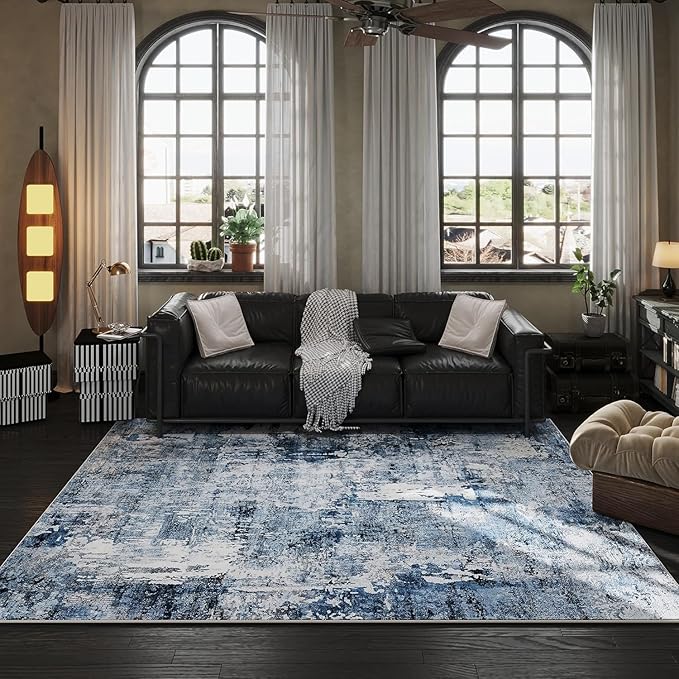 9x12 Rug Washable Boho Rug Soft Large Area Rug Non-Slip Non-Shedding Faux Wool Vintage Rug for Living Room, Farmhouse, Dining Room, Indoor, Kids Playroom, Blue