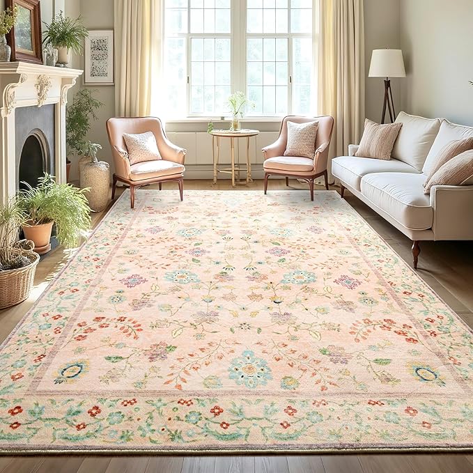 LOCHAS Washable Area Rugs 8x10, Pink Floral Rug for Living Room Bedroom Non Slip, Ultra Soft Vintage Indoor Carpet for Kids, Nursery, Dorm, Dining Room, Classroom, Boho Flower Home Decor, Low-Pile