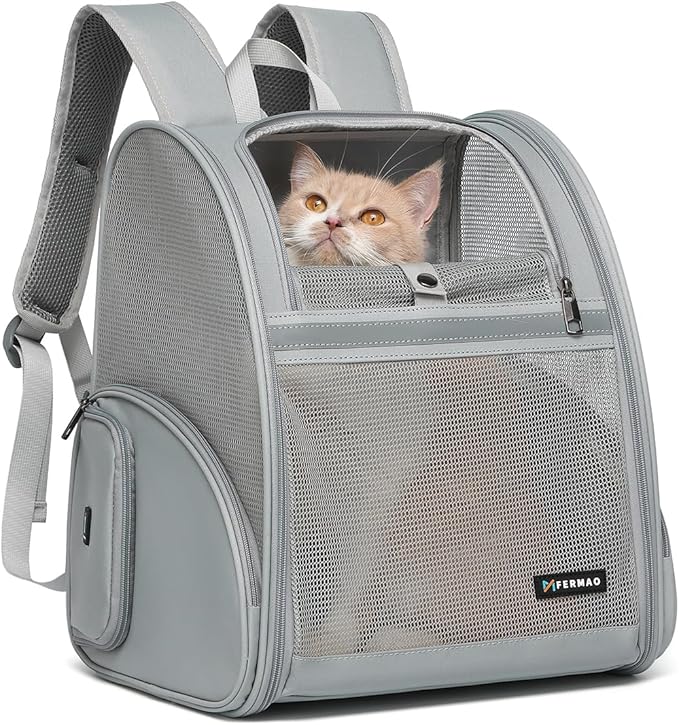 Cat Backpack Carrier for Small Dogs and Medium cat Puppy Kitten Bunny Pet Carrier Backpack Collapsible with Fully Ventilated Mesh with Safety Leash (Gray, 12.9" L x 10.62" W x 15.5" H - M)