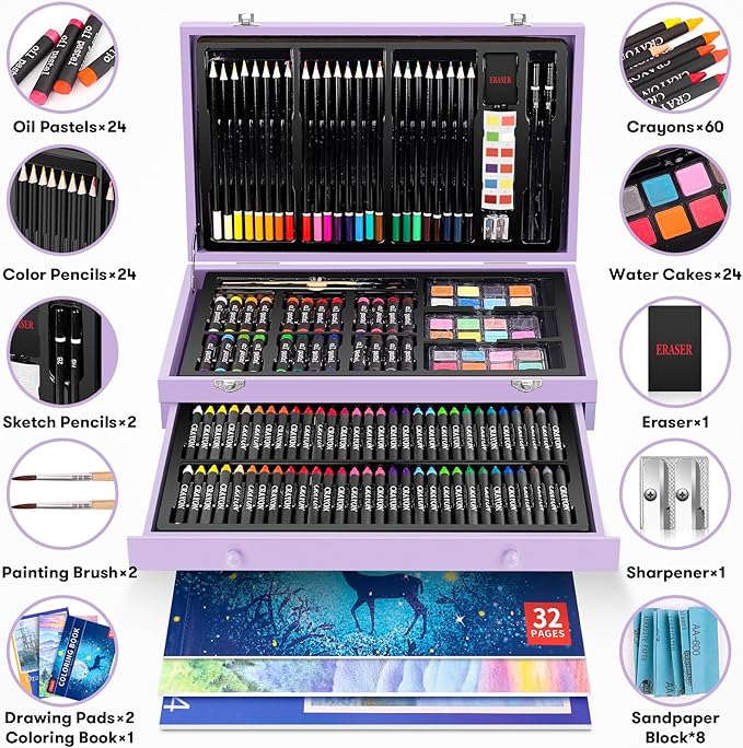 iBayam Stocking Stuffers for Kids Teens Adults, Birthday Party Art Supplies, Christmas Gifts for Teenagers, 150-Pack Wooden Art Set Crafts Drawing Painting Kit with 1 Coloring Book, 2 Sketch Pads