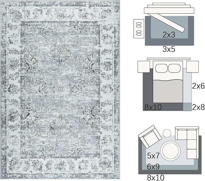 jinchan Washable Area Rug 8x10 for Living Room Soft Faux Wool Ultra-Thin Stain Resistant Non-Slip Distressed Vintage Floral Large Carpet for Bedroom,Dining Room,Home Office,Nursery(Grey, 8'x10')