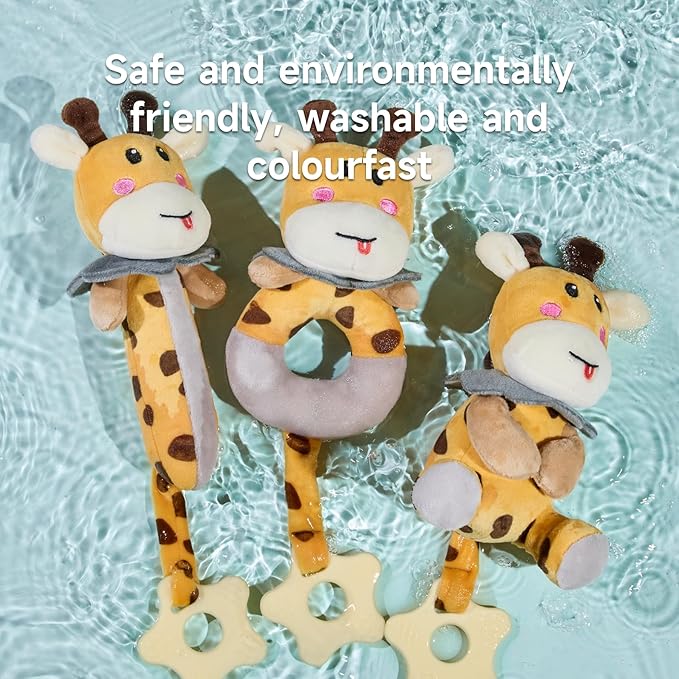 TUMAMA Baby Rattles 0-6 Months, 3 PCS Giraffe Baby Plush Rattles Sensory Toys with Teethers, Newborn Gifts for Babies 0-6 Months
