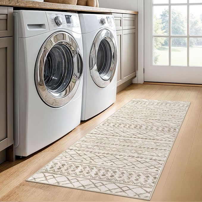KUTA Boho Hallway Runner Rug 2x5 ft Moroccan Washable Non-Slip Vintage Beige