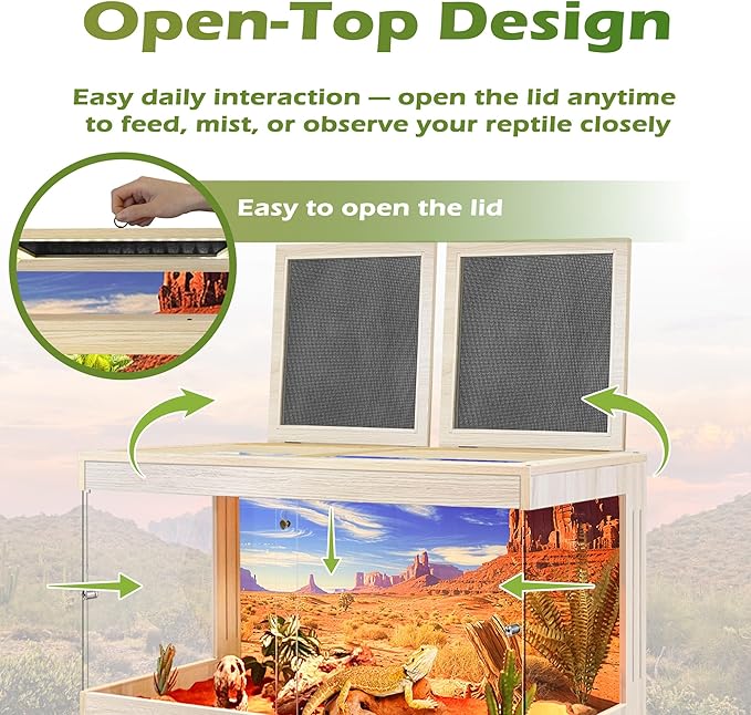 Royxen Bearded Dragon Tank, Tempered Glass Reptile Terrarium with Metal Mesh Top, 3-Side Clear Anti-Scratch Glass Lizard Tank for Reptile Habitat (Oak, 24 Gallons,24" Length)
