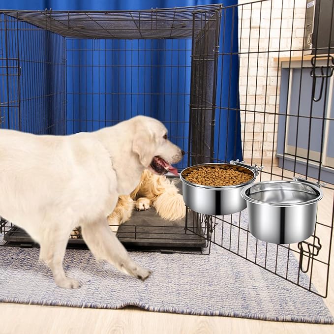 2 Pcs Large Pet Dog Food Water Bowl for Cage Stainless Steel Non-Spill Kennel Hanging Cats Bowls with Clamp Holder Crate Feeder Dish for Medium Large Dogs Huge Pets (7.1x3.7'' & 7.1x2.5'')