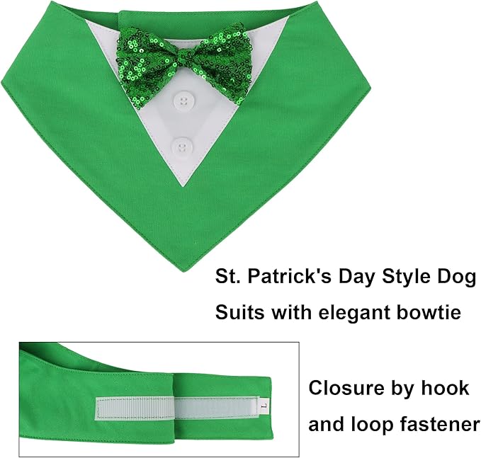 ADOGGYGO St.Patrick's Day Dog Tuxedo Bandana, Green Pet Tux Collar with Bowtie Adjustable St Patricks Costume for Small Dogs Pets (S)