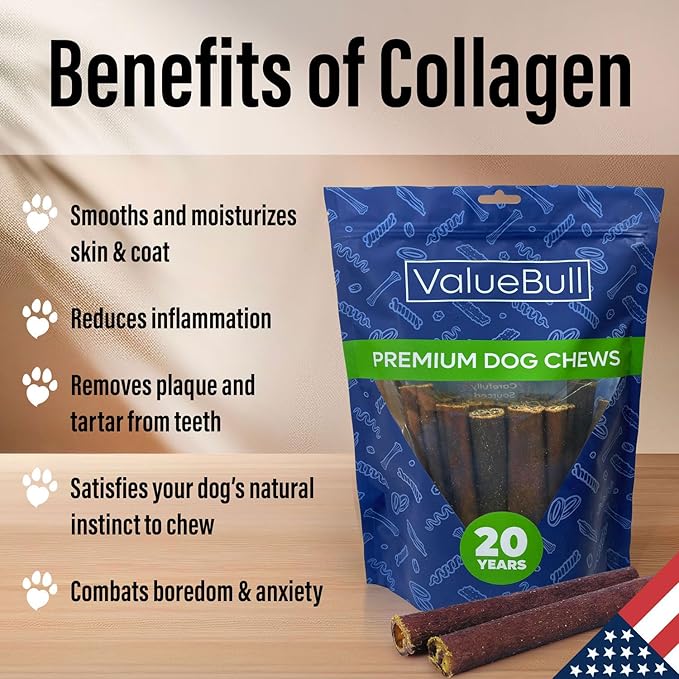 ValueBull USA Collagen Sticks for Dogs, 6 Inch Thick Chews, Natural Long-Lasting Dog Treats, 50 Count - Promotes Joint, Skin & Coat Health with Glucosamine and Chondroitin