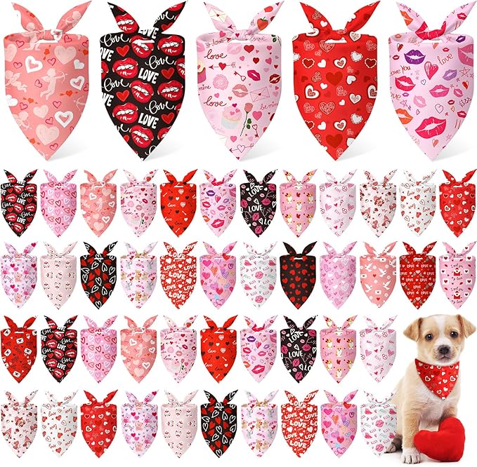 Abbylike 50 Pcs Valentines Day Dog Bandanas Bulk Red and Pink Bandanas for Dogs Triangle Kerchief Bibs Scarf for Pet Romantic Costume Photo Props Accessories Pet Shops Groomers (19.7 x 13.8 x 13.8)