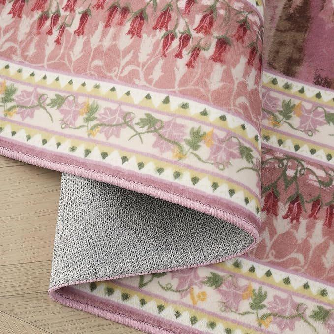 2x6 Runner Rug Impressionist-Style Vintage Kitchen Rugs Non Slip Washable Soft Carpet Runner for Kitchen Laundry Bedroom Bathroom, Pink