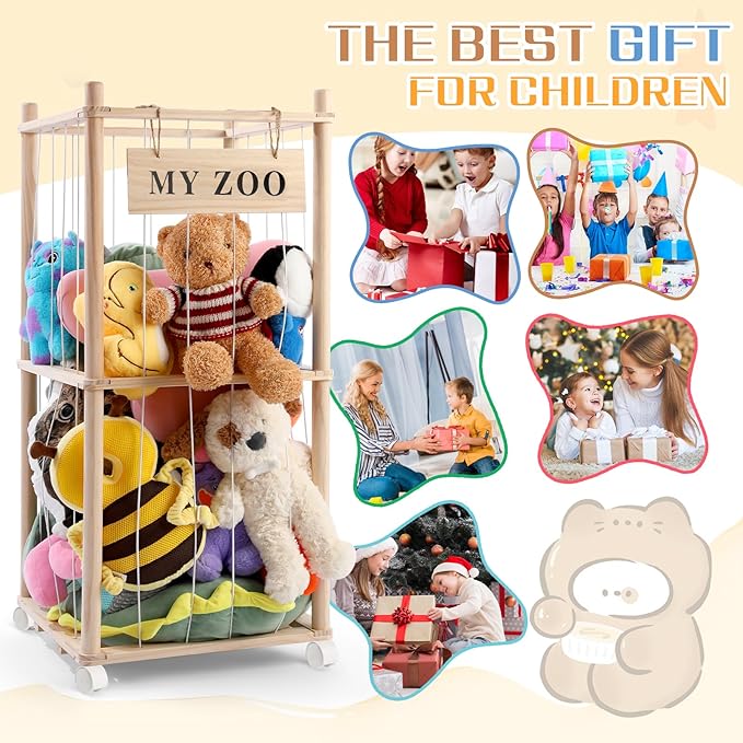Stuffed Animal Storage Zoo with Wheels, Wooden Stuffed Animal Organizer with Elastic Cords, Space Saving Toy Plushies Storage Holder for Playroom, Bedroom, Living Room(Burlywood, Small)