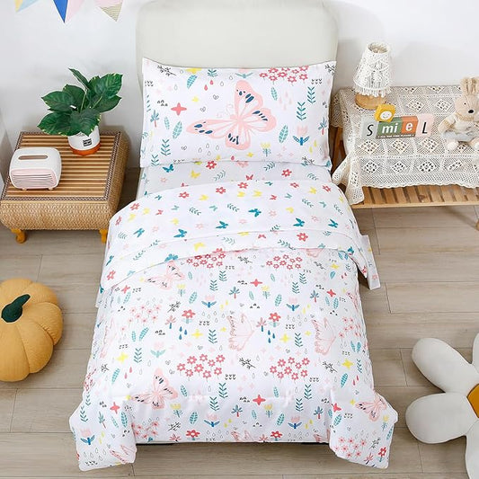 PERFEMET Girls Floral Comforter Set 4 Pieces Flower Bedding Set for Twin Bed Botanical Trees Leaves Butterfly Pattern Comforter for Teens Kids Bed in a Bag for All Seasons(White, Twin)
