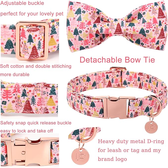 Christmas Dog Collar with Bow Tie, Pink Christmas Tree Collars for Dogs, Adjustable Pet Collar with Cute Xmas Tree Pendant, Winter Dog Accessories for Small Medium Large Dogs L