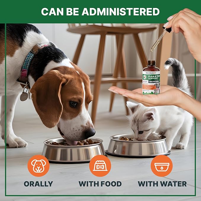 MaxBuddy Flea and Tick Oral Prevention Support & Treatment for Dogs and Cats – Natural Flea Control with Multivitamin - Supplement Drops for Small and Large Dogs – Made in The USA