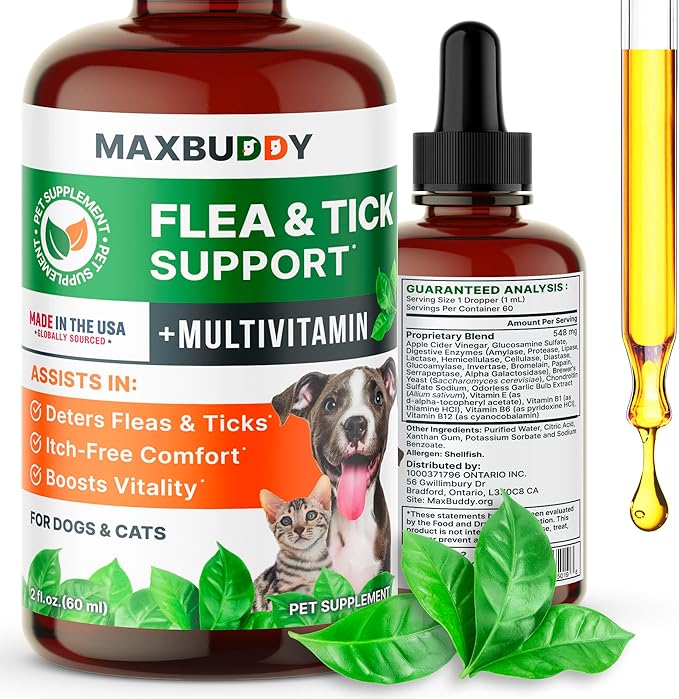 MaxBuddy Flea and Tick Oral Prevention Support & Treatment for Dogs and Cats – Natural Flea Control with Multivitamin - Supplement Drops for Small and Large Dogs – Made in The USA