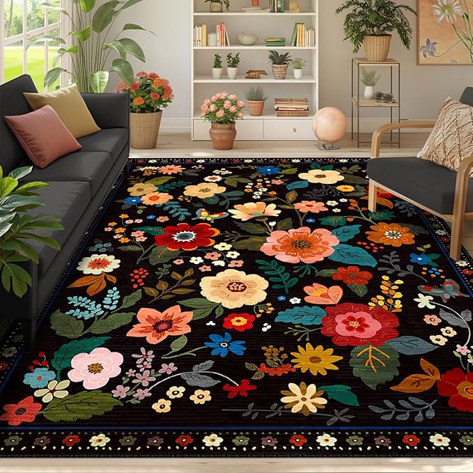 Floral 9x12 Area Rug Machine Washable Soft Print Boho Carpet Non Slip Doormat Low Pile Flower Area Rugs for Living Room Bedroom Nursery Kitchen Dining Room Indoor-Black