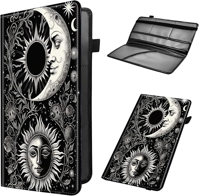 Car Registration and Insurance Holder, Leather Car Glove Box Organizer, Cool Car Accessories for ID, Driver's License Cards & Essential Document, business cards, Men&Women,Soon Moon Stars Black