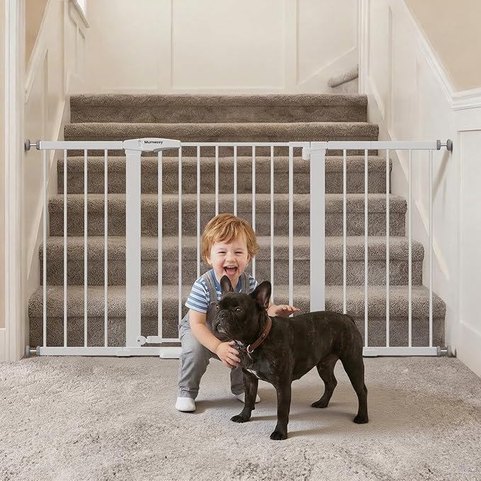Mumeasy 29.7-57" Extra Wide Baby Gate for Doorways, Auto Close Dog Gate Indoor for Stairs, No-Drill Pressure Mounted Pet Gate with Door, Easy Walk Thru Long&Large Safety Gate for House, Outdoor, White
