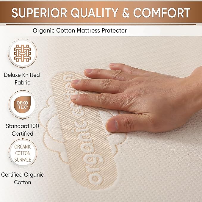 Crib Organic Mattress Protector Pad - Certified Organic Cotton Waterproof Breathable Mattress Pad Cover - 250 GSM Comfort - Deep Pocket - Fitted Comfort