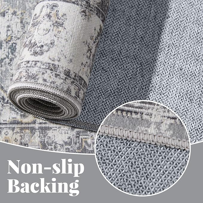 jinchan Runner Rug 2x6 Machine Washable Hallway Rug Grey Vintage Floral Print Non-Slip Low Pile Ultra-Thin for Kitchen,Entryway,Laundry Room,Bedroom,Farmhouse (2‘x6’,Grey)