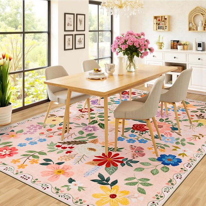 Area Rug Living Room Rugs: Floral 5x7 Washable Rug Vintage Soft Boho Non-Slip Carpet Indoor Floor Stain Resistant Large Carpets for Bedroom Dining Room Farmhouse Nursery Hallway Home Office Beige