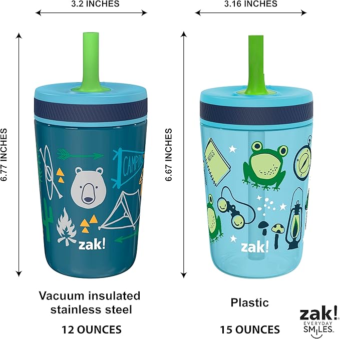Zak Designs Campout and Camping Kelso Tumbler Set, Leak-Proof Screw-On Lid with Straw, Bundle for Kids Includes Plastic and Stainless Steel Cups with Bonus Sipper, 3pc Set, Non-BPA,15 fl oz
