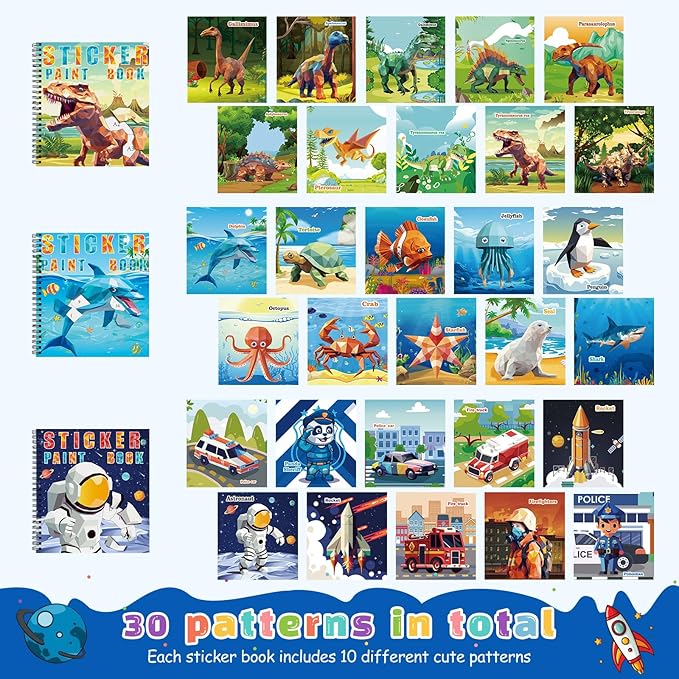 homicozy 3PCS Sticker Paint Books for Kids Ages 4-10,Dinosaur Astronaut Ocean Animals Designs Paint by Stickers,Sticker by Numbers,Party Birthday Gifts for Boys 4-10,Create 30 Pictures at a Time