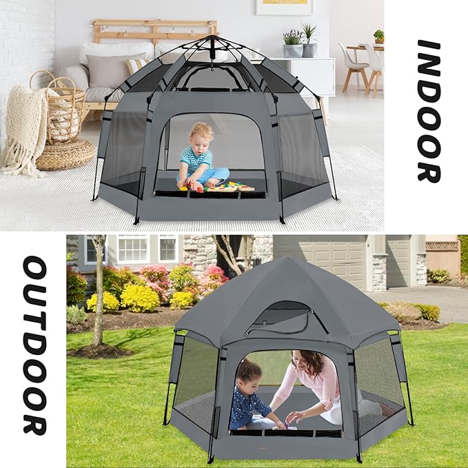 Pop Up Playpen for Babies with Canopy & Safety Lock - Outdoor Baby Playpen with 6 Ground Stakes & 6 Sand Stakes, UV Protection & Carry Bag, Instant Beach Tent for Indoor/Outdoor Use（Grey）