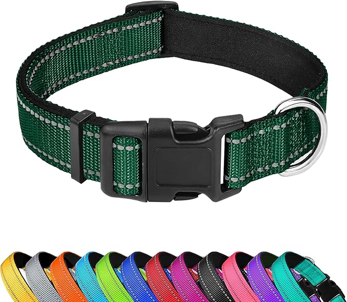 Reflective Dog Collar, Adjustable Soft Neoprene Padded Nylon Pet Collars with Buckle for Large Dogs, Dark Green,L
