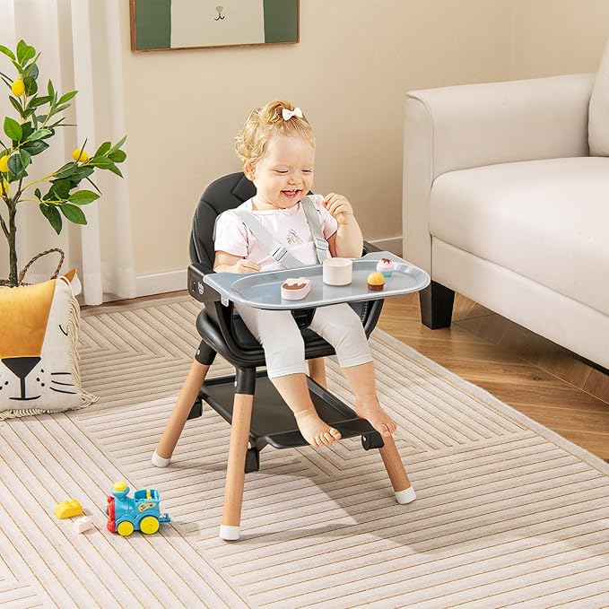 BABY JOY Baby High Chair, 6 in 1 Convertible Wooden High Chair for Babies & Toddlers with Adjustable Legs, Double Removable Tray, Safety Harness & Waterproof PU Cushion (Black)
