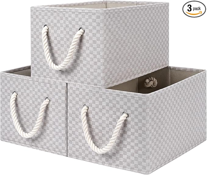 StorageWorks Storage Baskets for Shelves, Foldable Fabric Closet Storage Bins with Handles, Fabric Storage Bins Clothes Organizer, Khaki Check, 3-Pack, Large