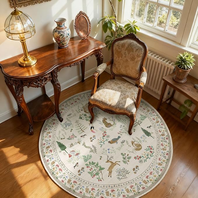 Washable Round Rugs for Bedroom 4ft: Living Room Rug Stain Resistant Non Slip